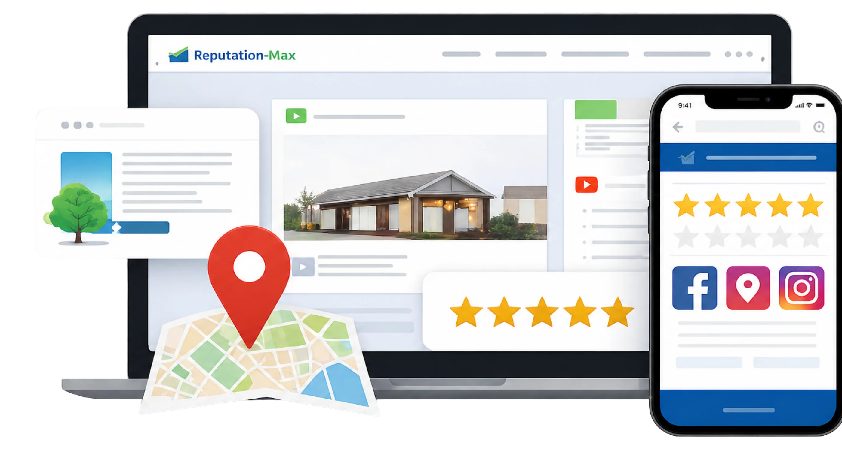 Reputation Maxx managed presence — website, Google Maps listing with pin, and phone showing reviews