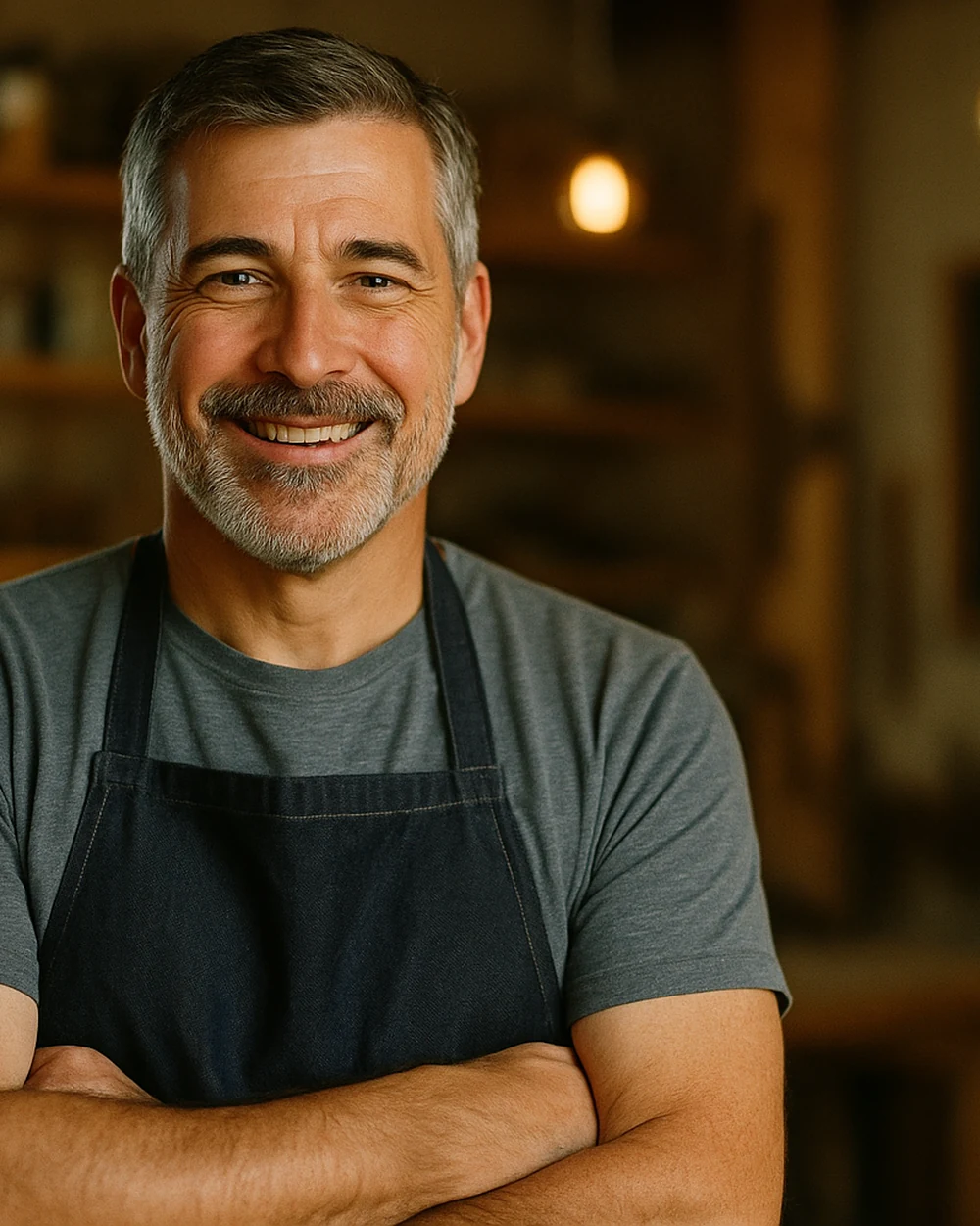 A small business owner smiling in his workshop