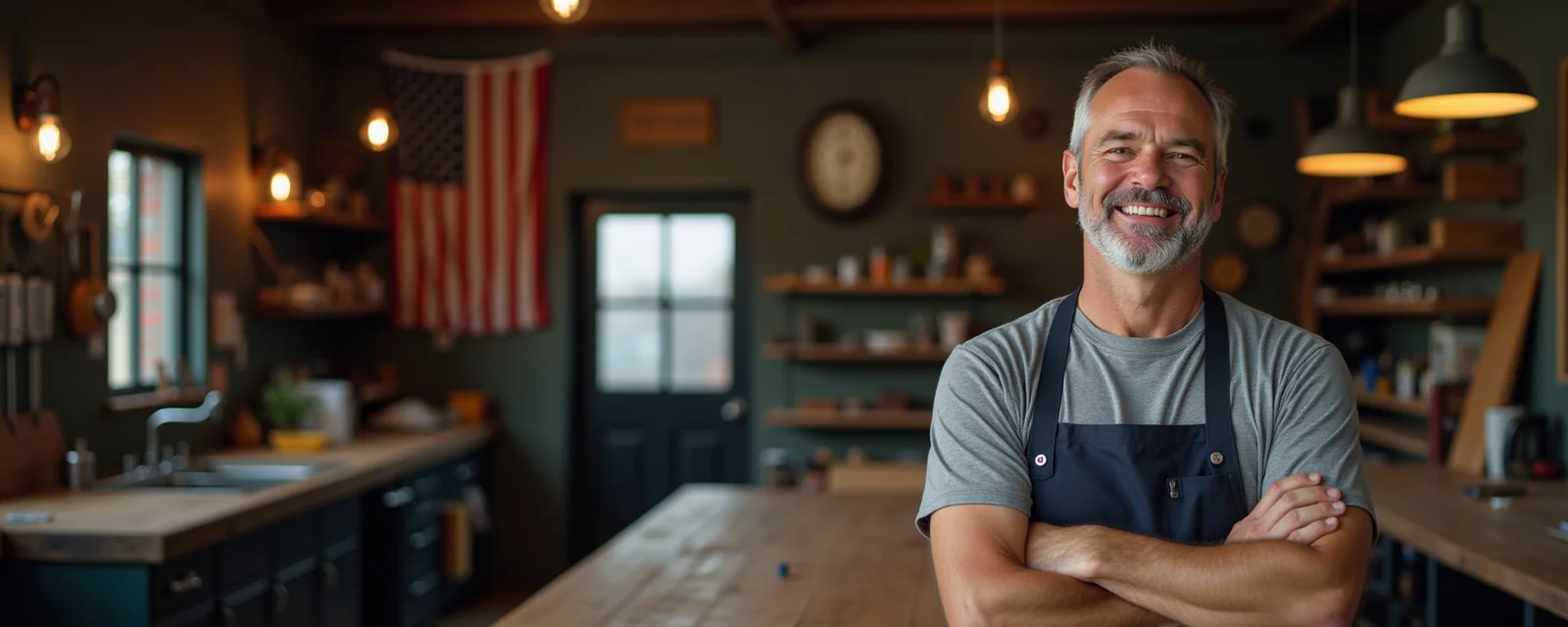 A small business owner in a workshop apron, arms crossed, smiling, with an American flag on the wall behind him