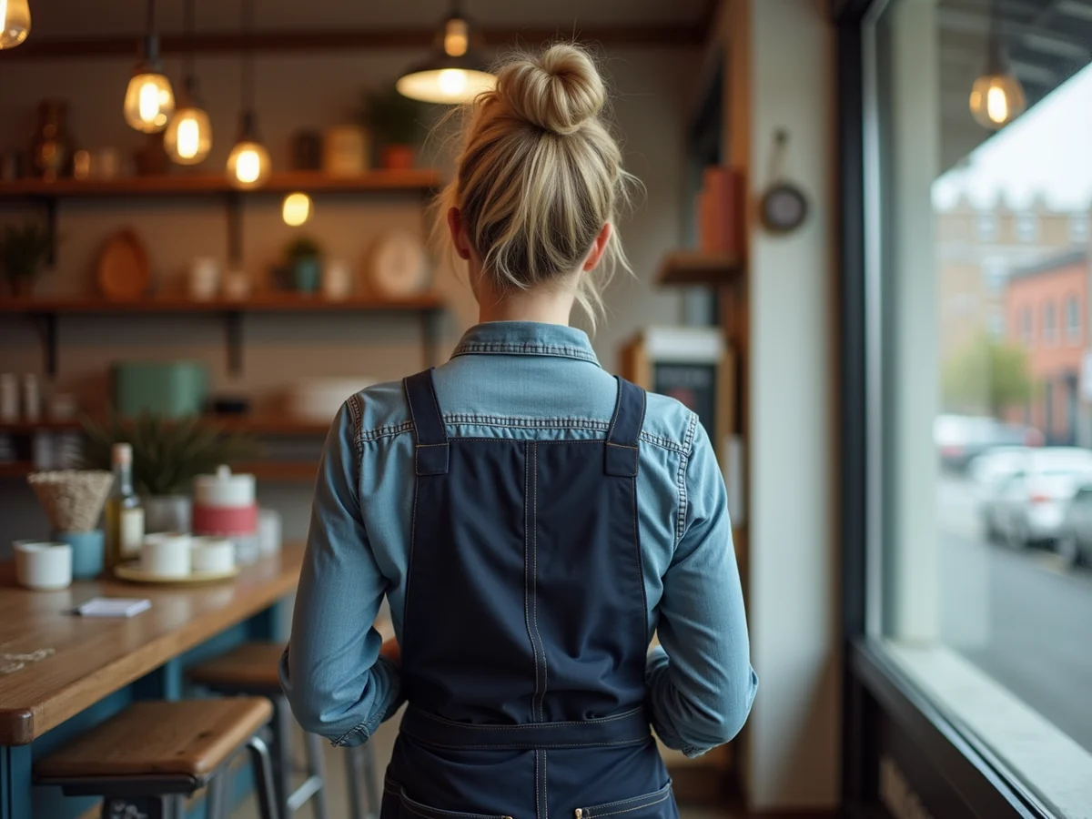 A small business owner standing in her own shop, looking out toward the street