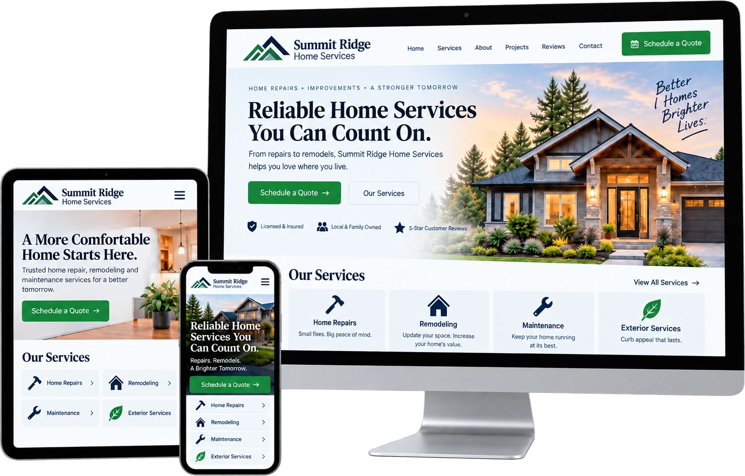 A fast, mobile-friendly small business website shown on desktop, tablet and phone